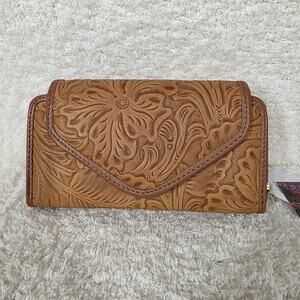 Light Brown Mexican Handmade Floral Embossed Leather Flap Closure Wallet
